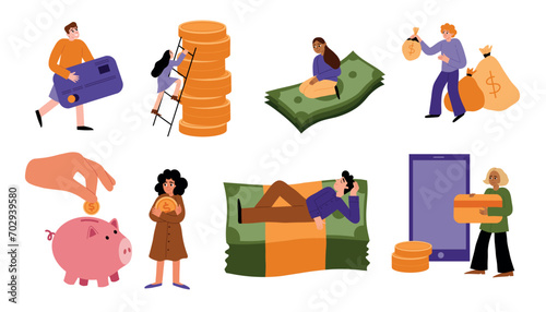 Cartoon people with big bills and coins. Funny tiny persons with money, men and women interact with cash, wealthy characters, vector set.eps