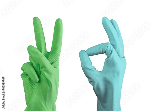 Hand gestures for cleaning service. OK, victory, V sign, isolated on white photo