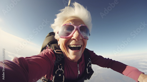 Senior elderly woman taking selfie shot while doing sky diving