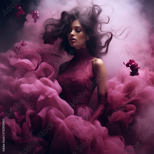 Portrait of a woman in dress in pink smoke photo