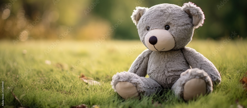 Grey bear stuffed animal resting on the grass.