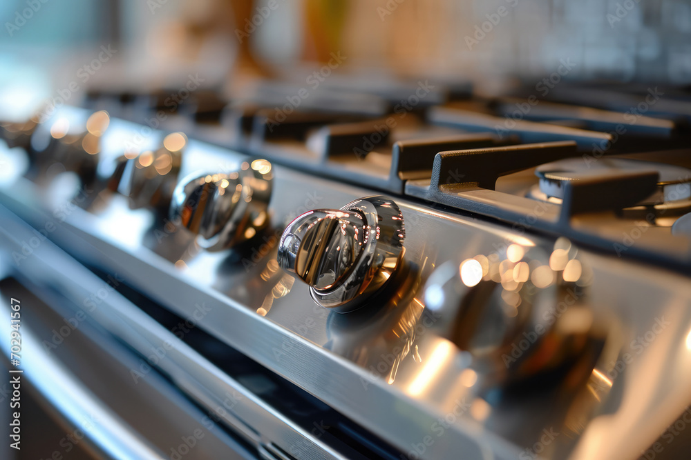 Electric Stove's High-Contrast Stainless Steel Knobs Captured In Close-Up Electric Stove's High-Contrast Stainless Steel Knobs Captured In Close-Up