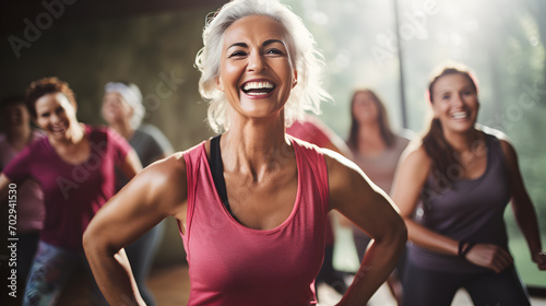 Elderly woman enjoys a cheerful dance class  candidly expressing their active lifestyle through Zumba with friends