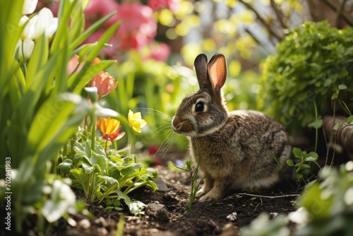 The Curious Easter Bunny, Lively And Adorable, Playfully Concealed In A Garden's Delightful Ambiance © Anastasiia