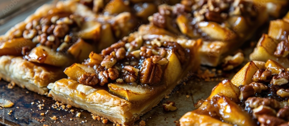 Puff pastry apple tart with caramelized apples, walnuts, and brown sugar, cut into squares. Puff pastry apple tart with caramelized apples, walnuts, and brown sugar, cut into squares.