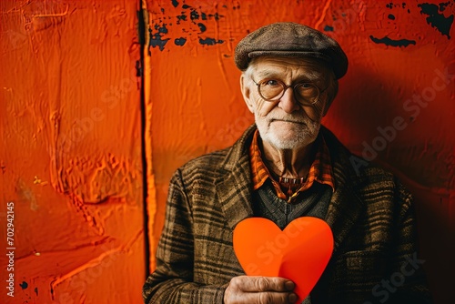 Heartwarming senior charm! A lovely man with a heart on an orange backdrop. Goosepunk vibes calculated for pure emotion. Experience the joy in vibrant simplicity. photo