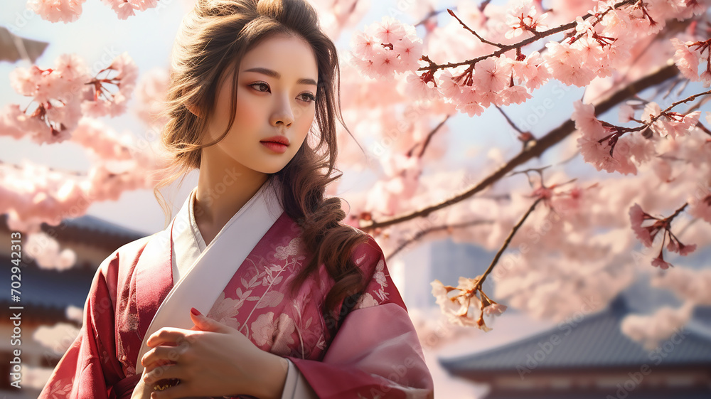 beautiful asian young woman in kimono with cherry blossom beautiful asian young woman in kimono with cherry blossom