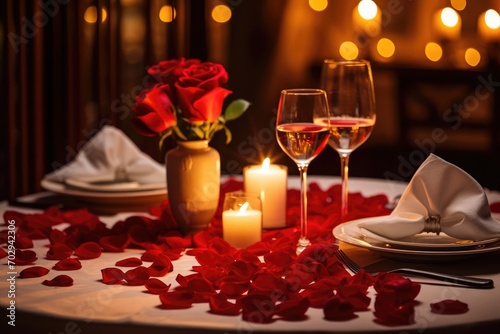 Romantic Dinner Table Setting With Lit Candles And Scattered Rose Petals
