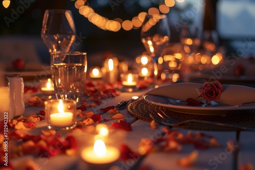 Creating An Ambiance Of Romance With Candles And Scattered Rose Petals For A Dinner Table Setting