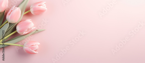 Pink tulip flowers on pastel pink background. Image for a wedding, women's day or mother's day themed greeting card or invitation. Banner with space for text #702942503