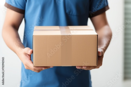 Deliveryman holding cardboard box © Alina