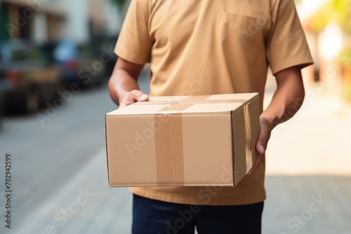 Deliveryman in uniform holding cardboard box