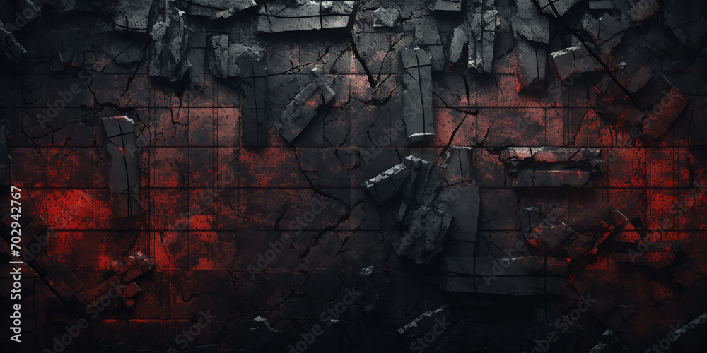 black charred wall with a red fiery glow, brutal chaotic geometry, screensaver, background, banner, wallpaper - obrazy, fototapety, plakaty 