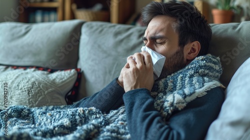 man who has a cold and is lying on the couch holding a paper tissue photo