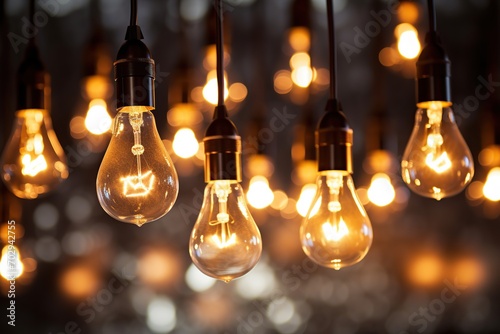Beautiful light bulbs with warm lighting hanging under ceil photo