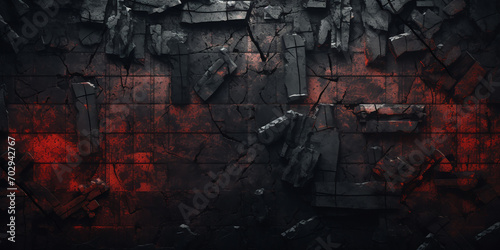 black charred wall with a red fiery glow, brutal chaotic geometry, screensaver, background, banner, wallpaper photo