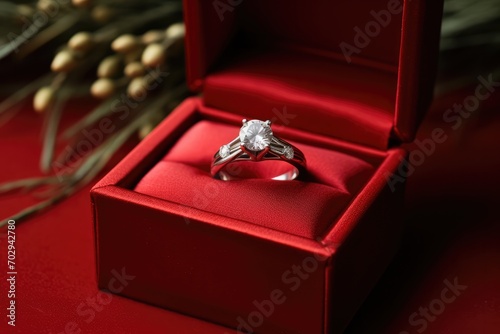 Engagement Ring In Red Velvet Box, Symbolizing Surprise Proposal © Anastasiia