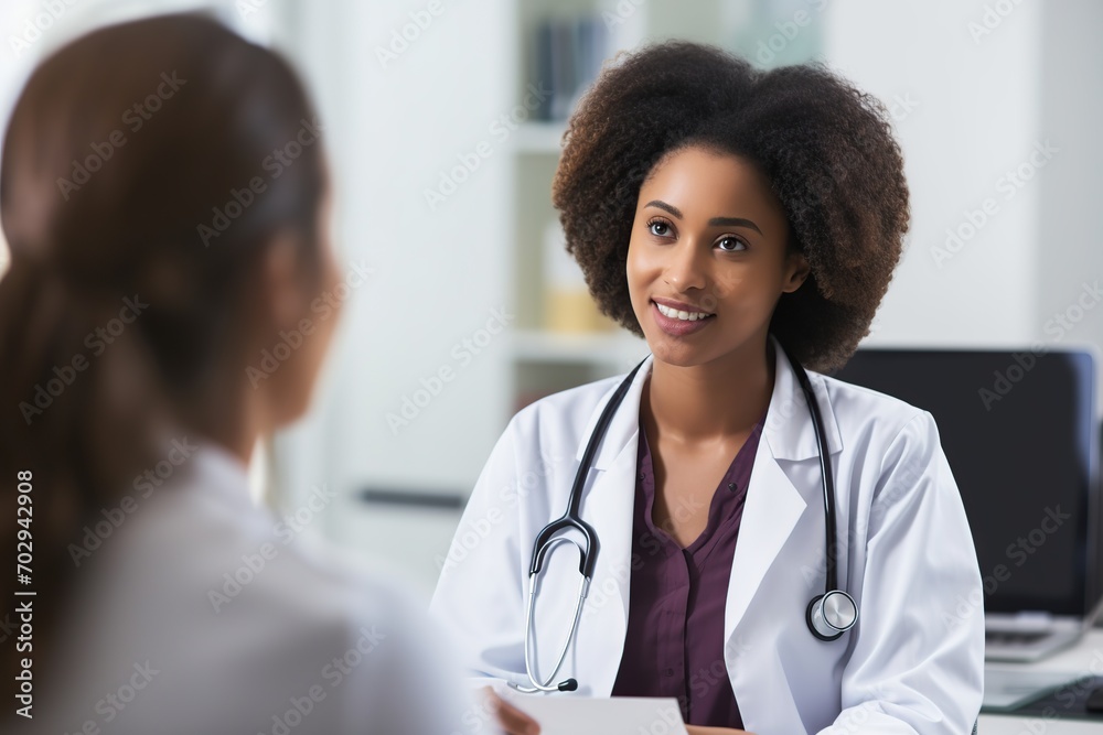 Young african american doctor woman talking with patient at a hospital Young african american doctor woman talking with patient at a hospital