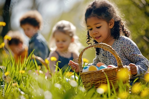 Children Joyfully Engaged In Easter Egg Hunt, Baskets In Hand As They Eagerly Search photo