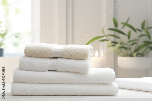 Stack of white folded towels on table