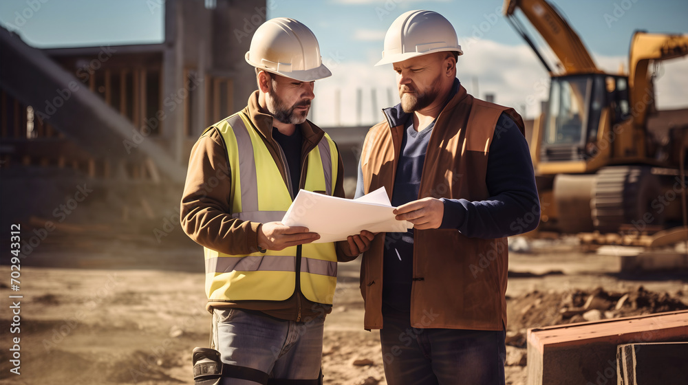 Two construction workers standing on a construction site, looking at the paper blueprint building plan or project, bulldozer machines or excavators earth mover doing the digging work in the background Two construction workers standing on a construction site, looking at the paper blueprint building plan or project, bulldozer machines or excavators earth mover doing the digging work in the background