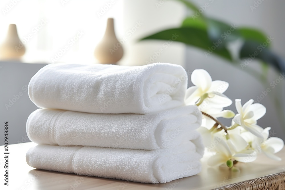 Stack of white folded towels with flowers Stack of white folded towels with flowers