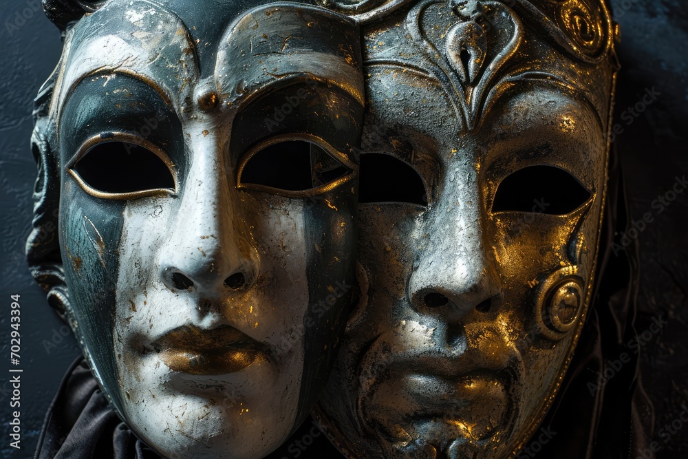 Classical Greek Masks Of Comedy And Tragedy Against Dark Background, Representing Dramatic Elements