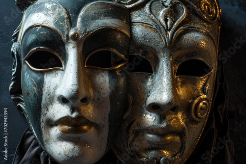 Classical Greek Masks Of Comedy And Tragedy Against Dark Background, Representing Dramatic Elements © Anastasiia