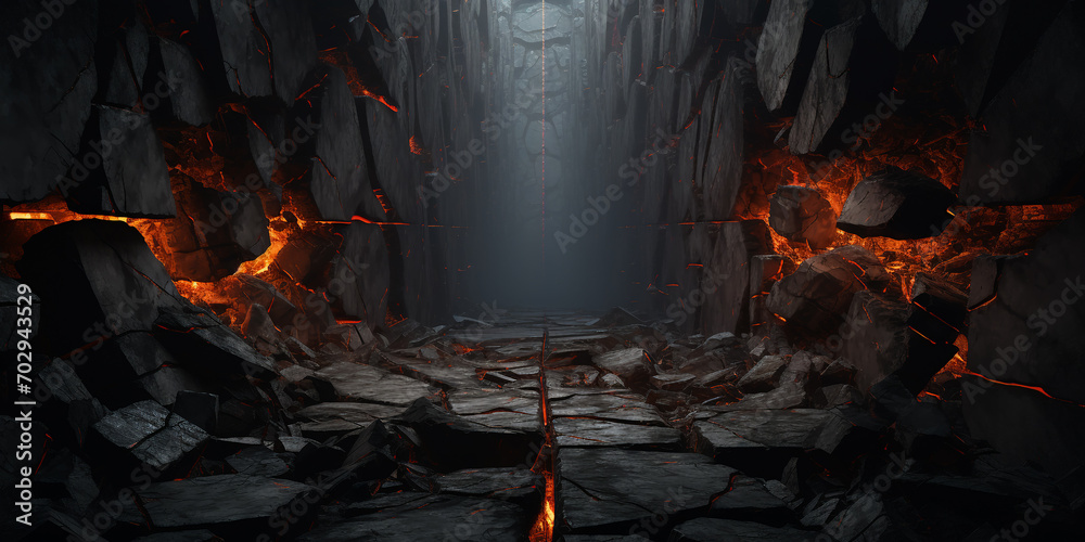 black charred tunnel with split stones with fiery cracks, desktop wallpaper, background - obrazy, fototapety, plakaty 
