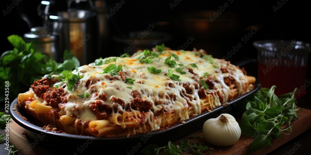 Hearty Homestyle: Baked Ziti Delight, Layers of Richness and Flavor, a Culinary Masterpiece for Comfort Food Enthusiasts. 