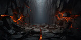 black charred tunnel with split stones with fiery cracks, desktop wallpaper, background