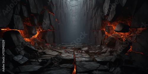 black charred tunnel with split stones with fiery cracks, desktop wallpaper, background photo