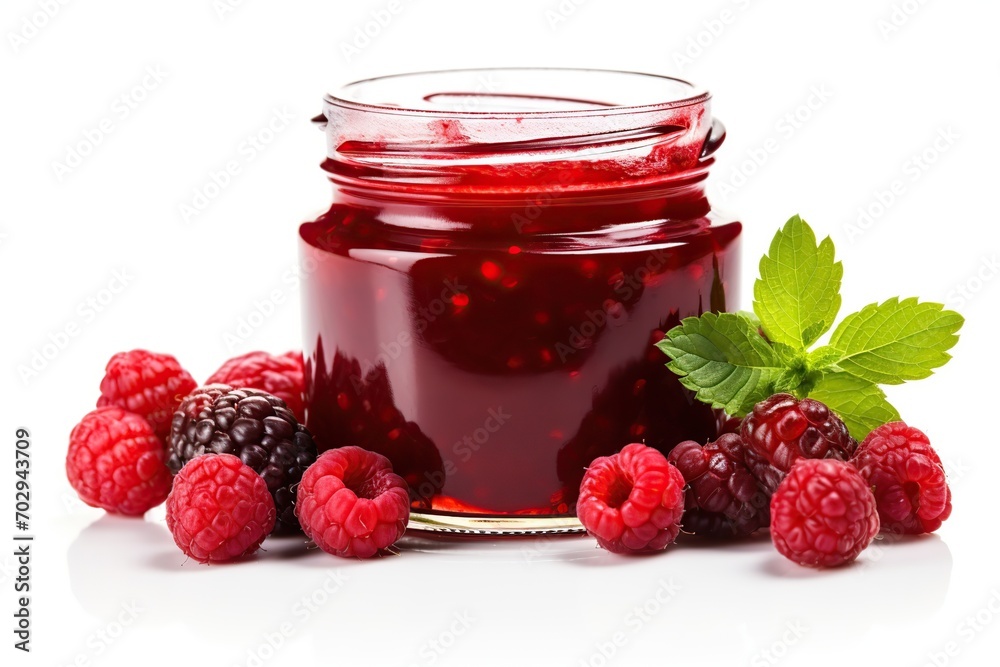 Raspberry jam and berries on white background Raspberry jam and berries on white background