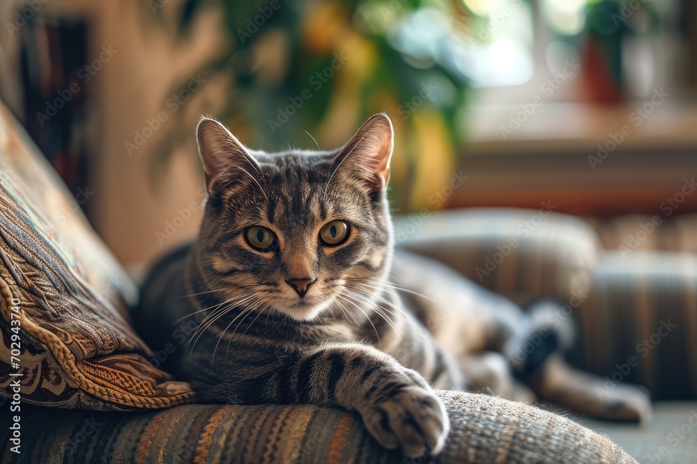 Adorable Cat Relaxing On A Cozy Armchair In The Living Room