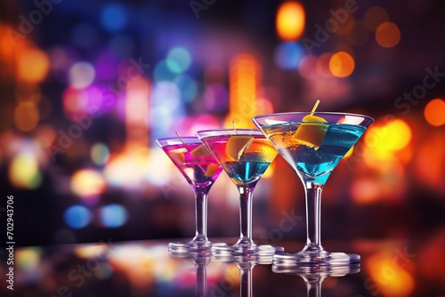 Alcohol martini cocktail in glasses on blurred background
