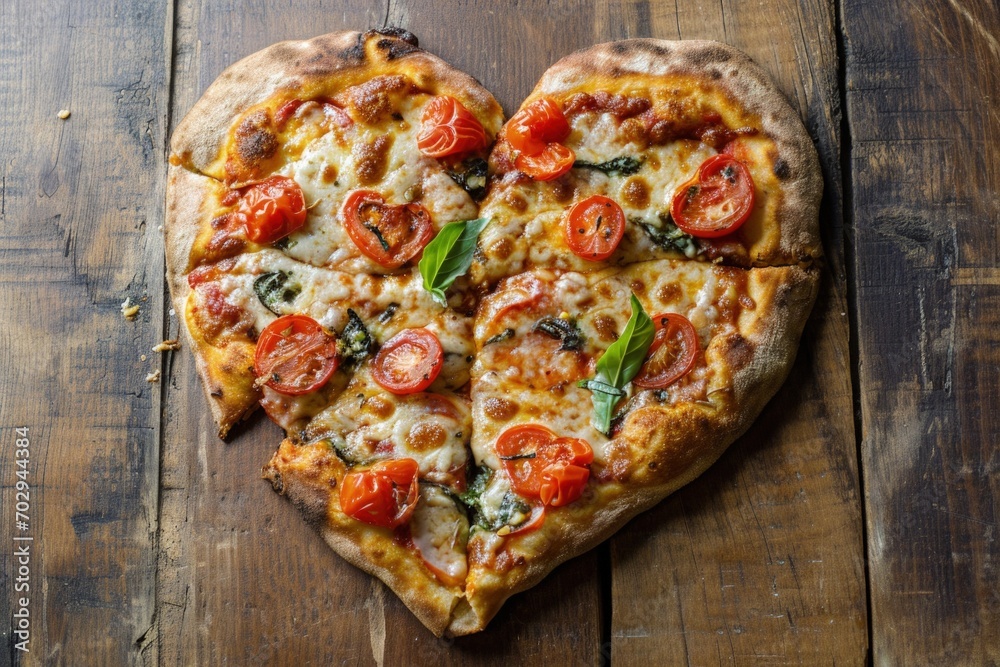 Digital illustration of heart shaped pizza on wooden table, valentine's day concept. Generative AI