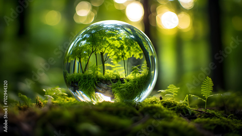 Glass globe encircled by verdant forest flora, depicting nature, environment, sustainability, ESG, and climate change awareness
