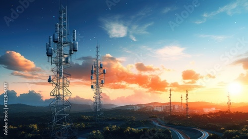 5G base station and satellite radar network communication sunset sky background photo