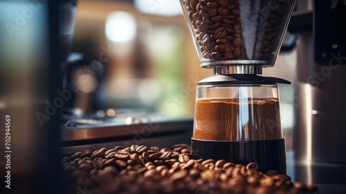 Close-up of a grinder containing roasted coffee from a coffee maker. In a modern coffee shop
