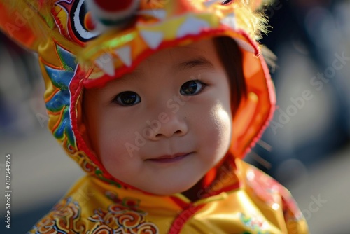 Chinese child in dragon costume, Chinese New Year 2024. Generative AI