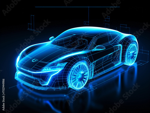 Frontside Futuristic AR car wireframe concept  generative ai  Augmented reality wireframe of car concept with blue background 