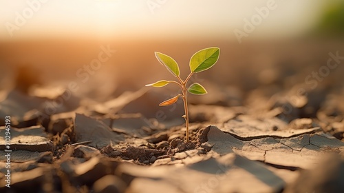 One seedling is dying in dry soil. Concepts of drought, cracked soil, global warming, water shortages lack of fresh water resources photo