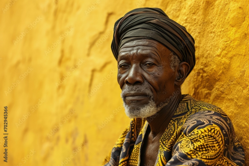 Old African black man with turban, golden wall in the background, Black History Month concept. Generative AI