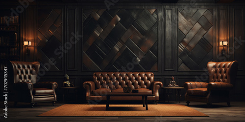 masculine brutal interior in dark colors with brown leather furniture photo