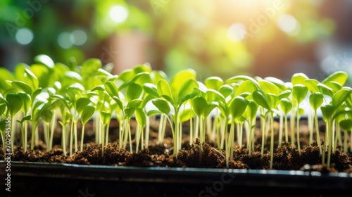 Sunflower Seedling Microgreens Healthy Eating organic food background The growth of newborn sunflower plants in greenhouse agriculture is densely packed. photo