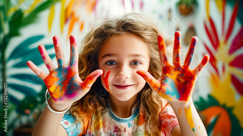 Little girl with her hands painted in red  blue  and yellow.
