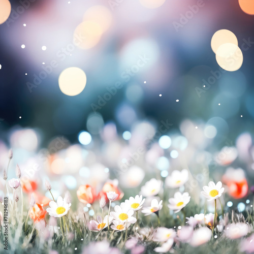 spring meadow with flowers and daisies with blurred background
