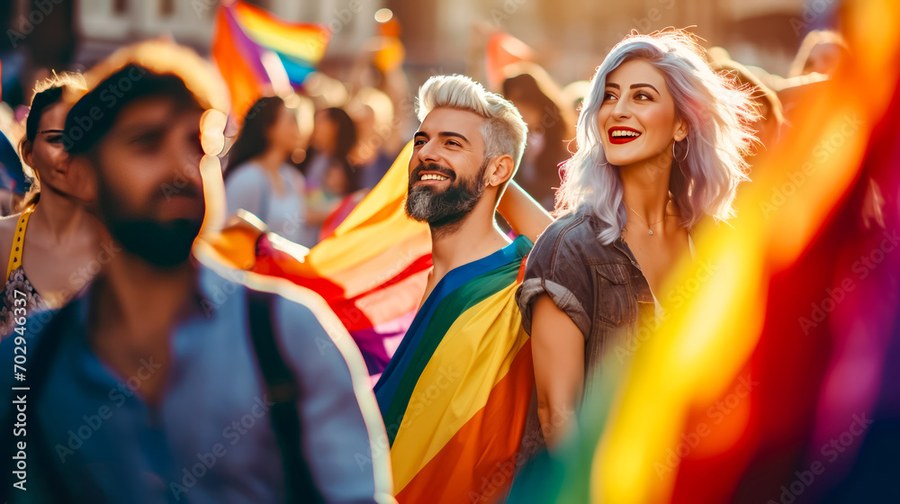Man and woman holding rainbow flags in crowd of other people.