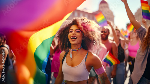 Woman in white tank top and rainbow flag in the background.