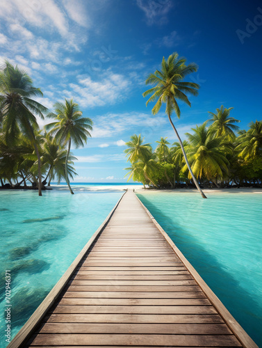 paradise beach with turquoise water  wooden pier and tropical palm trees  